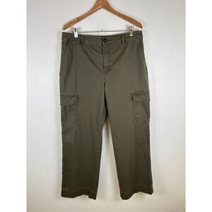 LOFT Womens Sz 14 Khaki Green Wide Leg Cotton Cargo Pants Pockets High Waist
